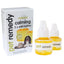 Pet remedy natural calming essential oil refill bottles and packaging box, featuring two amber glass bottles with white dropper caps and a white box with images of a dog and cat.