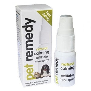 Pet Remedy natural calming refillable mini spray with packaging on a white background