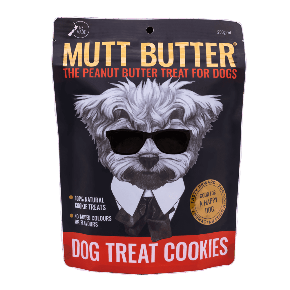Mutt Butter dog treat cookies packaging with a dog illustration on a black background