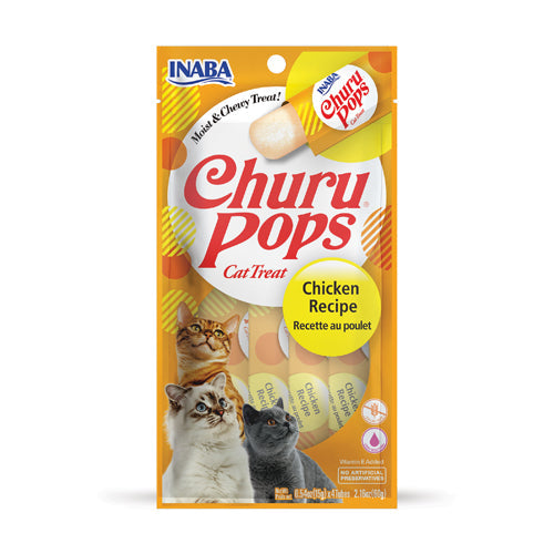 Packaging of Churu Pops cat treats with INABA branding on a white background