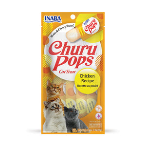 Packaging of Churu Pops cat treats with INABA branding on a white background