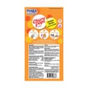 A close-up of the back of a retail package, showing orange and white design with product details, barcode, and small circular graphics.