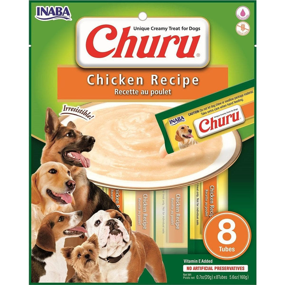 Churu Chicken Recipe dog treat pouch by INABA, featuring a green package with images of several dogs, a bowl of creamy chicken-flavored treats, and a stack of eight individual tubes inside.