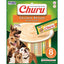 Churu Chicken Recipe dog treat pouch by INABA, featuring a green package with images of several dogs, a bowl of creamy chicken-flavored treats, and a stack of eight individual tubes inside.