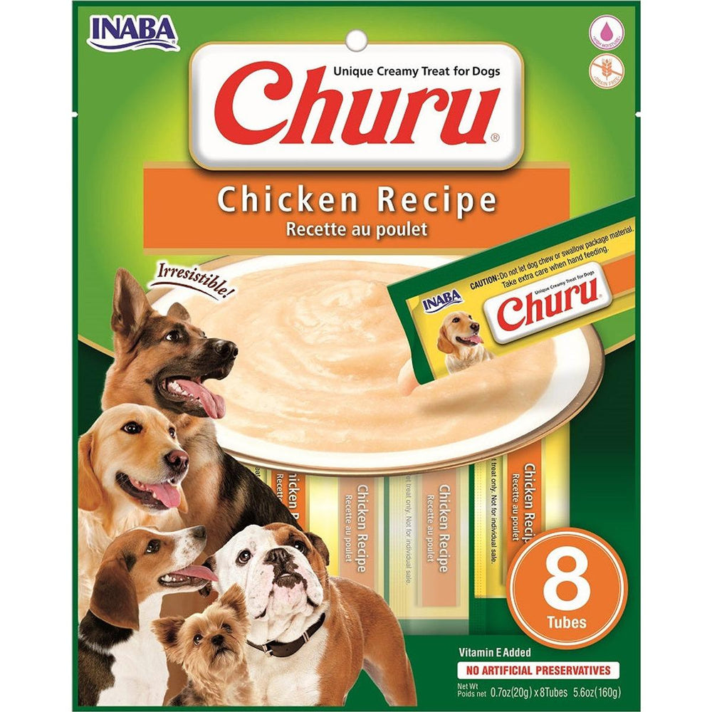 Churu Chicken Recipe dog treat pouch by INABA, featuring a green package with images of several dogs, a bowl of creamy chicken-flavored treats, and a stack of eight individual tubes inside.