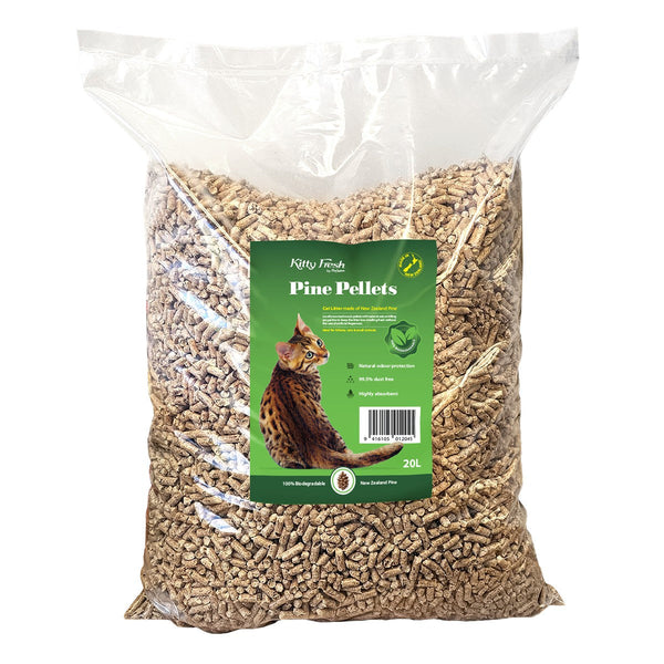 A 20L bag of Kitty Fresh Pine Pellets for cats, shown in a clear plastic bag with a green label featuring a cat illustration.