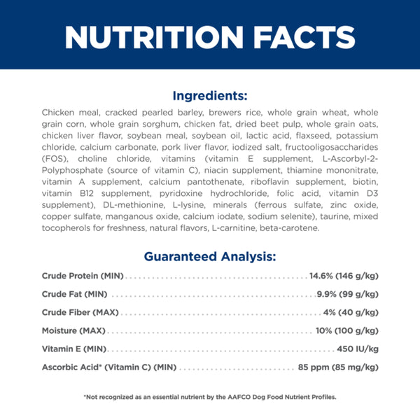Nutrition facts label for a pet food product with ingredients and guaranteed analysis details.