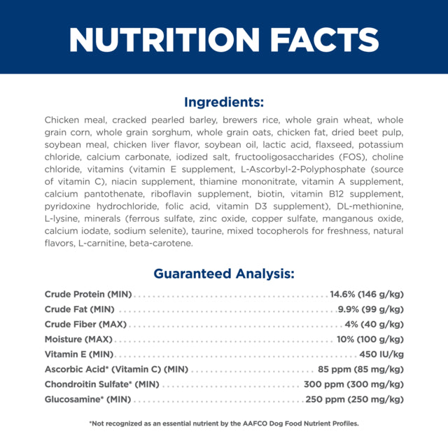 Nutrition facts label for a pet food product with ingredients and guaranteed analysis details.