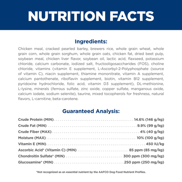Nutrition facts label for a pet food product with ingredients and guaranteed analysis details.