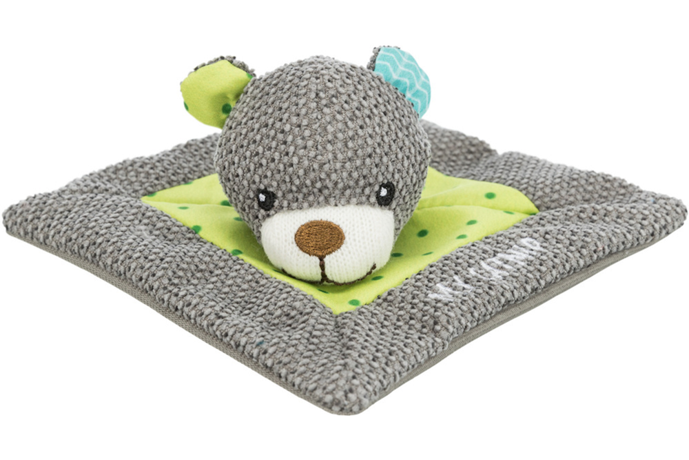 Gray plush toy with green accents on a matching blanket, branded 'My Catnip'.