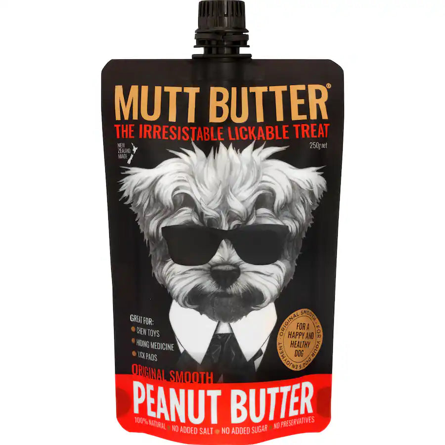 Mutt Butter peanut butter pouch with a dog illustration on a white background