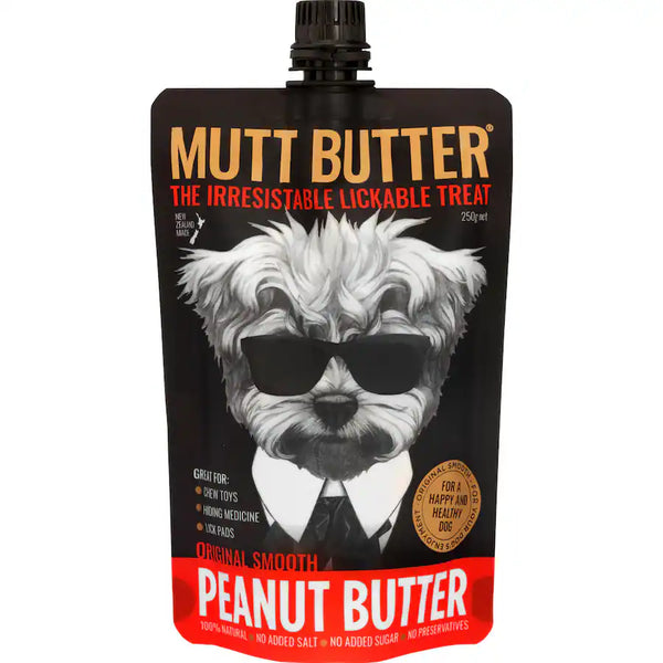 Mutt Butter peanut butter pouch with a dog illustration on a white background