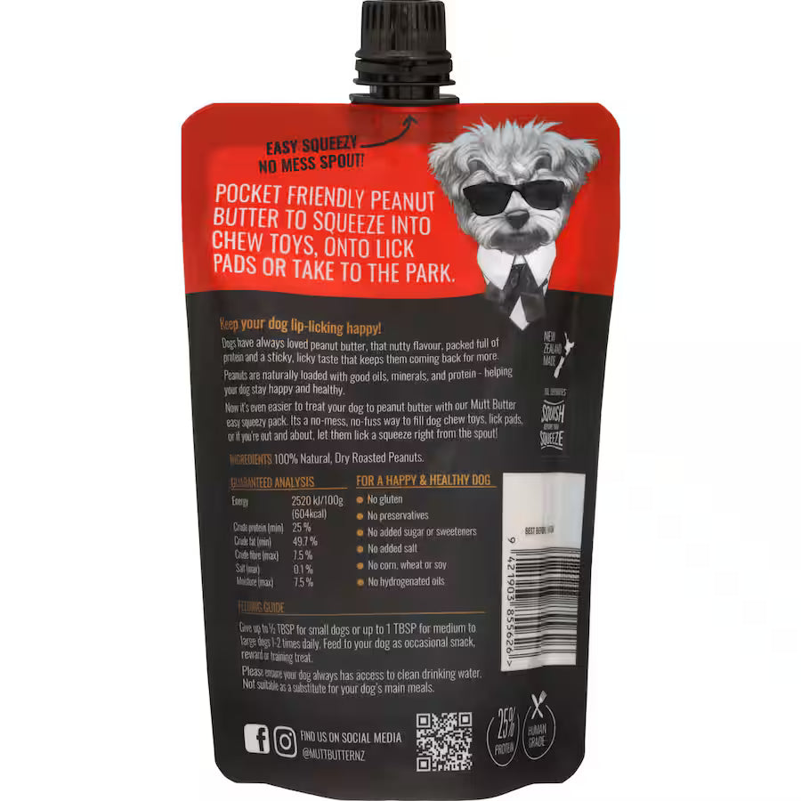 Mutt Butter peanut butter pouch with a dog illustration on a white background