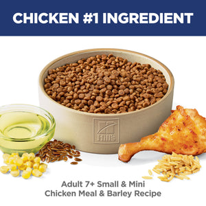 Dog food bowl with Hills pet food, chicken leg, corn, and seeds on a white background