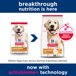 Two packages of Hill's Science Diet dog food for large breeds with a blue banner and text about breakthrough nutrition and Activbiome technology.