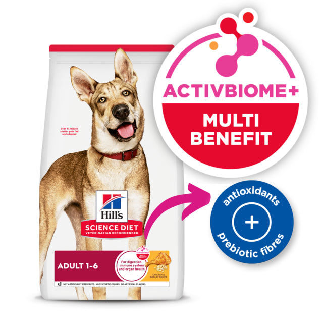 Hills Science Diet dog food package with Activbiome+ label on a white background
