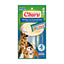Inaba Churu Chicken with Tuna Recipe dog treats in a green and blue package containing 4 tubes, featuring images of various dog breeds and a bowl of creamy treats.