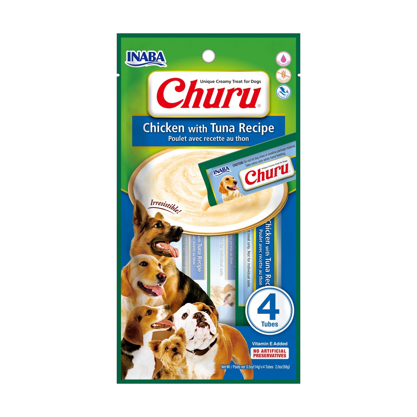 Inaba Churu Chicken with Tuna Recipe dog treats in a green and blue package containing 4 tubes, featuring images of various dog breeds and a bowl of creamy treats.