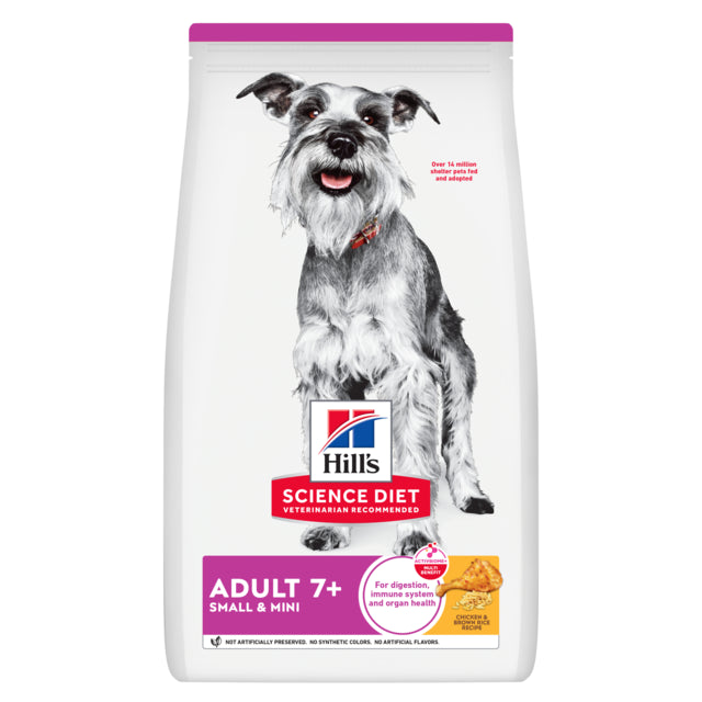 Hills Science Diet dog food package for adult dogs 7+ small and mini breeds on a white background