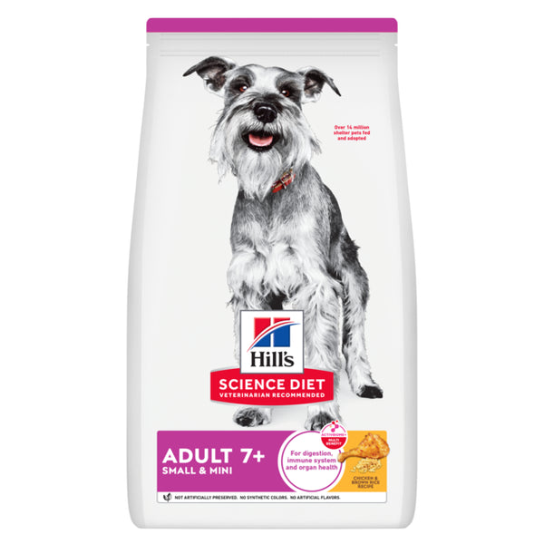 Hills Science Diet dog food package for adult dogs 7+ small and mini breeds on a white background