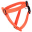 Orange dog harness with black hardware on a white background