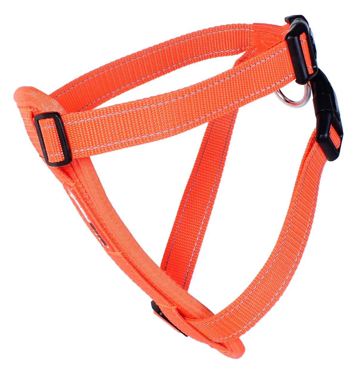 Orange dog harness with black hardware on a white background
