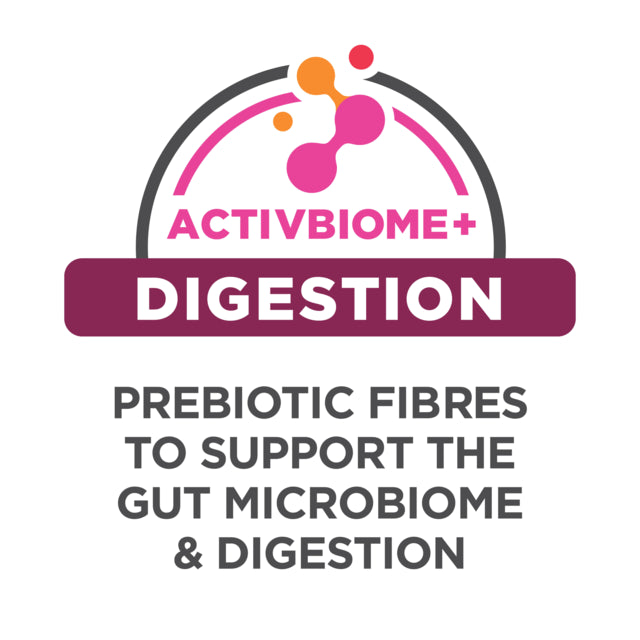 Activbiome+ Digestion product label with prebiotic fibers text on a white background