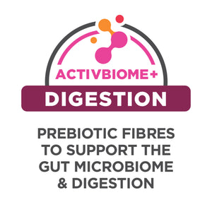 Activbiome+ Digestion product label with prebiotic fibers text on a white background