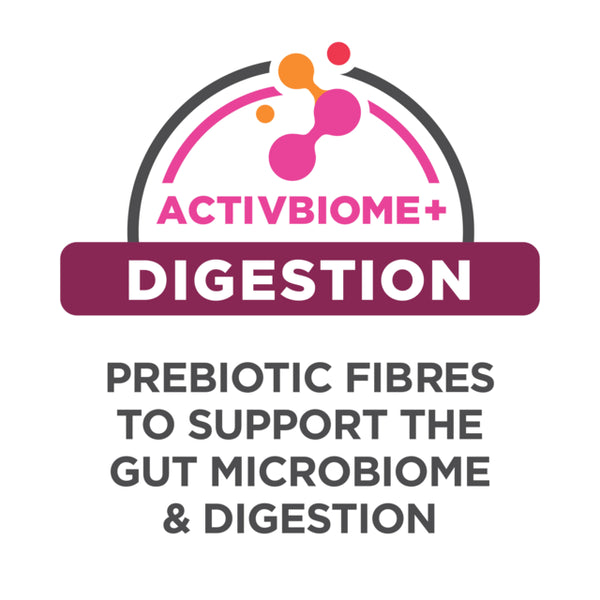 Activbiome+ Digestion product label with prebiotic fibers text on a white background