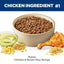 Hills puppy food with chicken, brown rice, corn, and a chicken leg on a white background.
