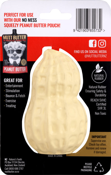 Mutt Butter peanut-shaped chew toy packaging with text on a black background