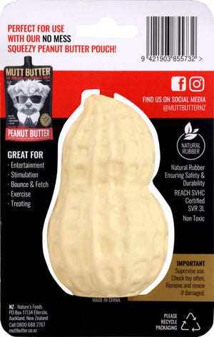 Peanut-shaped dog toy with packaging featuring Mutt Butter branding.