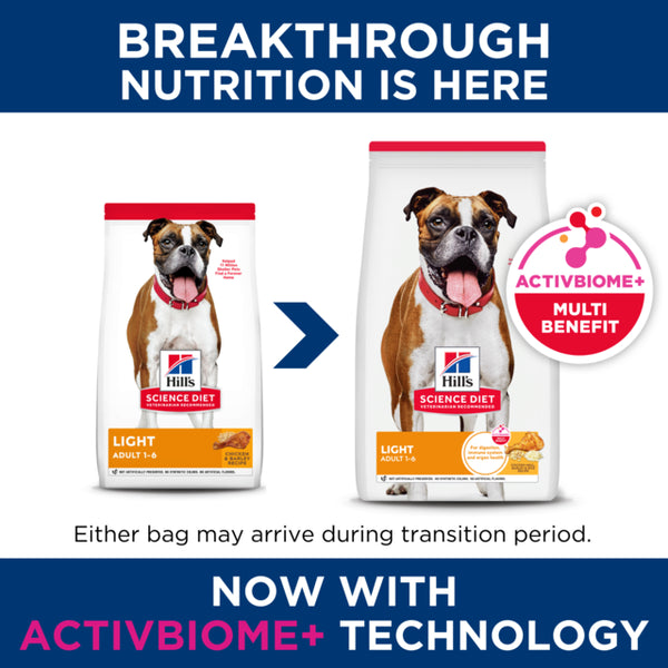 Two packages of Hill's Science Diet dog food with a dog on the label, featuring Activbiome+ technology.