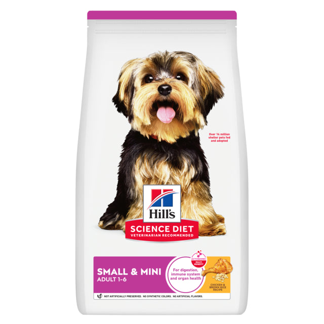 Hills Science Diet dog food package for small and mini dogs on a white background