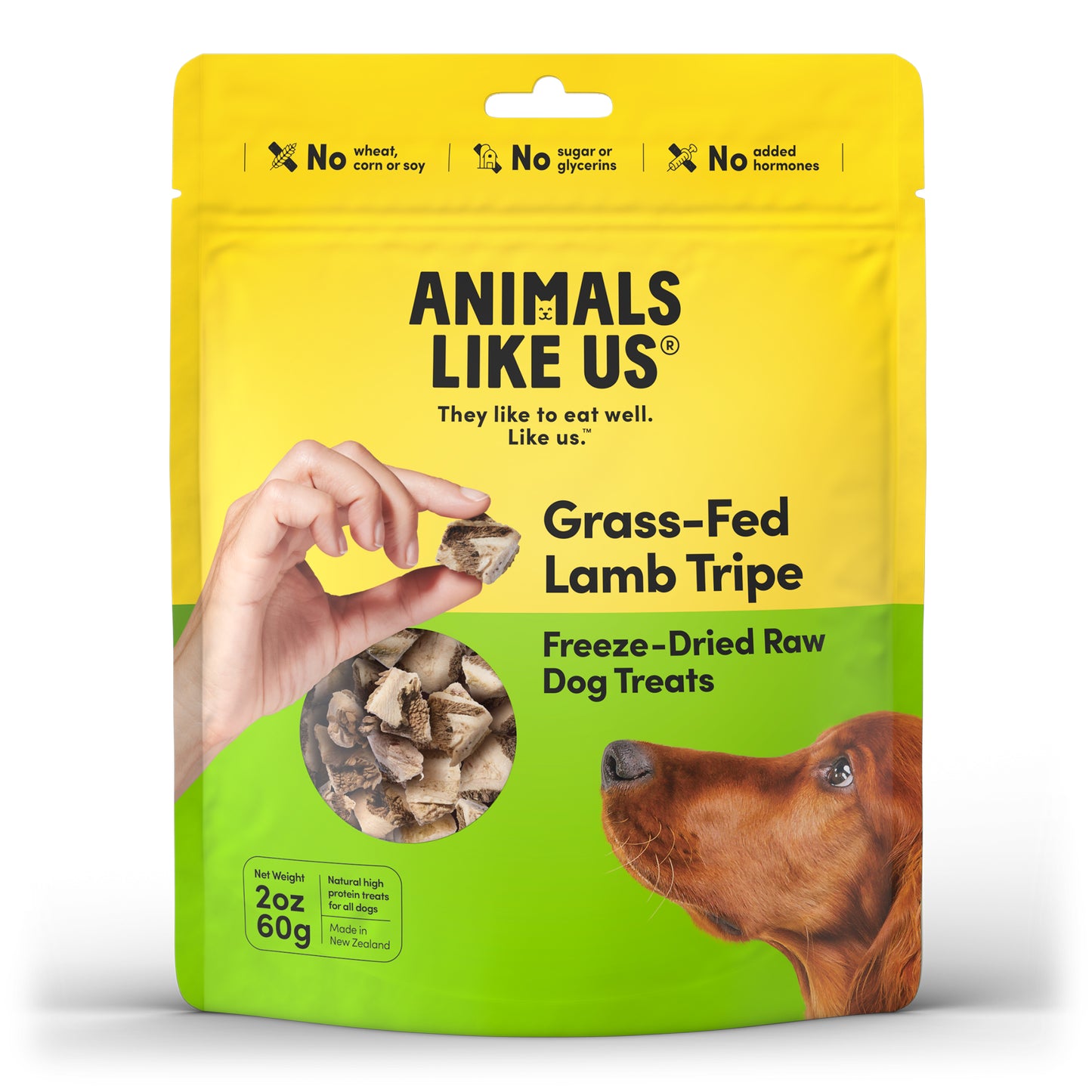 Package of Animals Like Us Grass-Fed Lamb Tripe freeze-dried raw dog treats on a white background