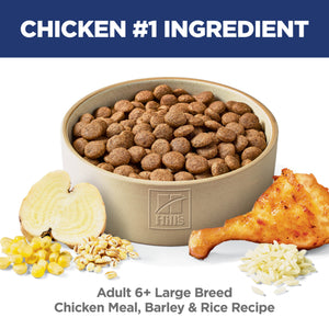 Bowl of Hills dog food with chicken, barley, and rice ingredients on a white background