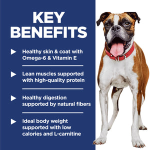 Dog with a red collar on a white background, next to key benefits text on a blue background.