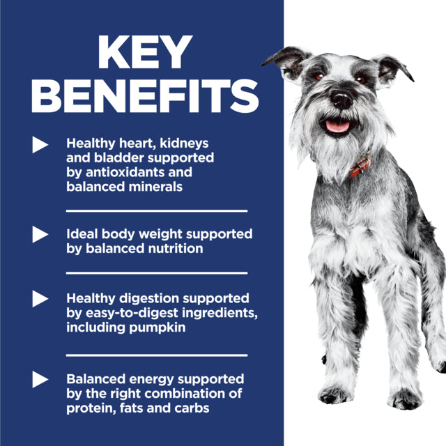 Dog with key benefits text on a blue and white background