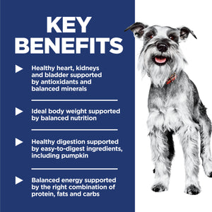 Dog with key benefits text on a blue and white background