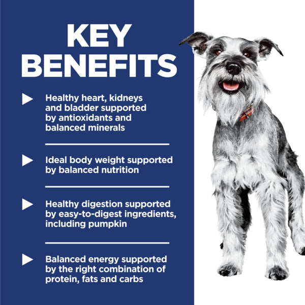 Dog with key benefits text on a blue and white background