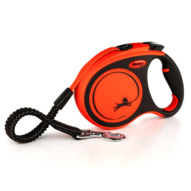 Orange and black retractable dog leash on a white background