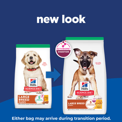 Two packages of Hills Science Diet Large Breed Puppy food with a blue background and 'new look' text.
