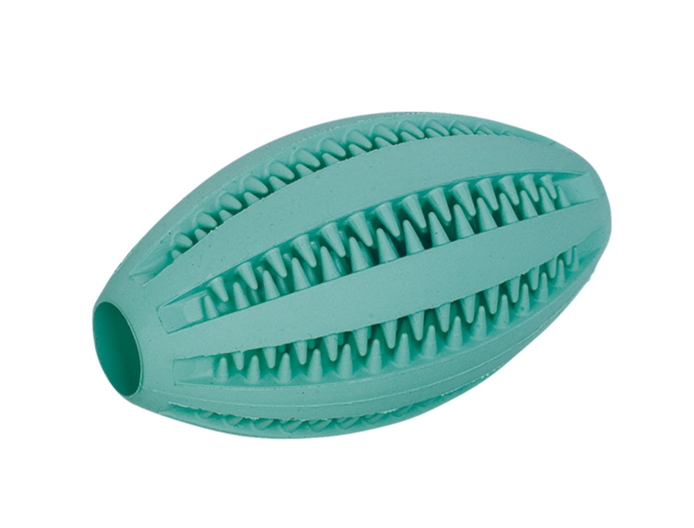 Teal rubber dog toy with textured surface on a white background