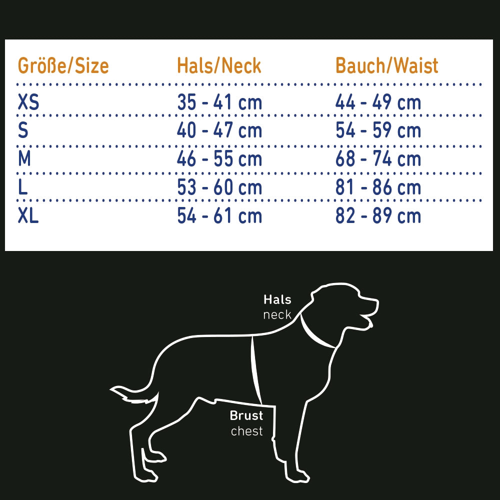 Dog Life jacket size chart with measurements for neck and chest on a black background