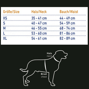 Dog Life jacket size chart with measurements for neck and chest on a black background