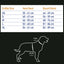 Dog size chart with measurements for neck and chest on a black background
