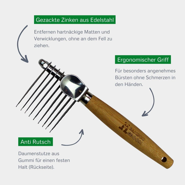 Bamboo Groom Dematting Rake - Stainless Steel Serrated Blades for Mat Removal