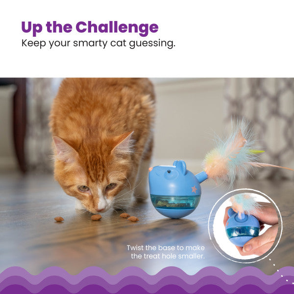 Cat playing with a toy designed to keep it guessing, with text encouraging interaction.