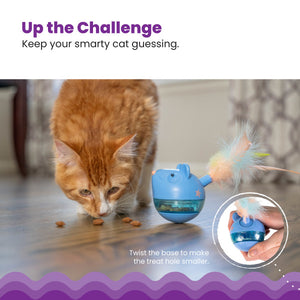 Cat playing with a toy designed to keep it guessing, with text encouraging interaction.