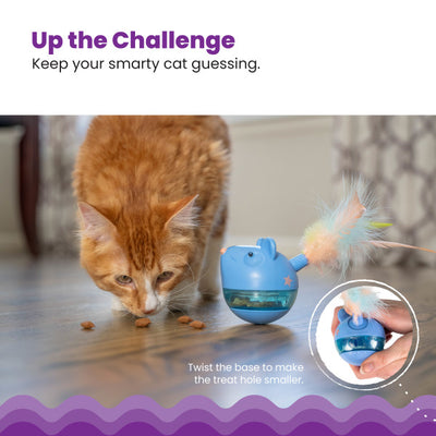 Cat playing with a toy designed to keep it guessing, with text encouraging interaction.